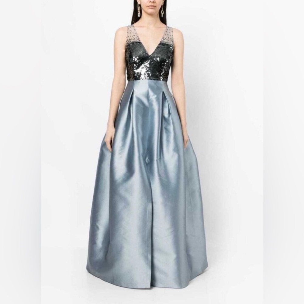 Sachin + Babi Silver Sequin Bodice Blue Satin Ball Gown